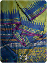 Avocado Green Slate Blue Parijat Handspun Tussar Silk Saree