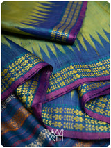 Avocado Green Slate Blue Parijat Handspun Tussar Silk Saree