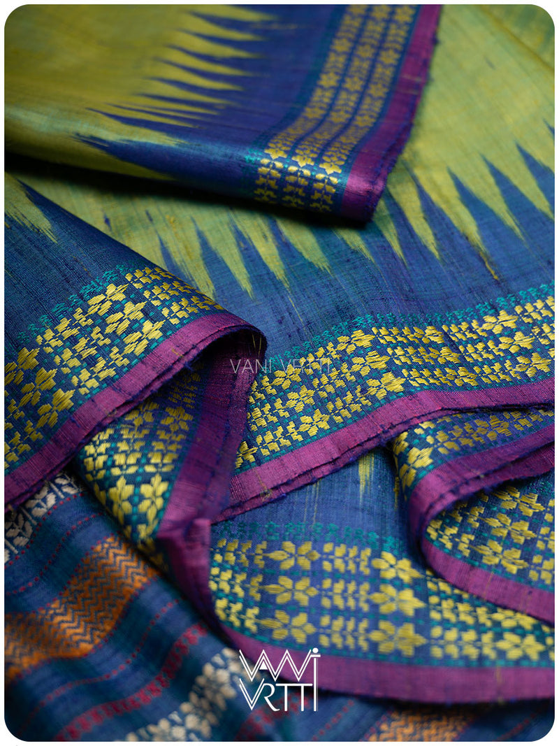 Avocado Green Slate Blue Parijat Handspun Tussar Silk Saree