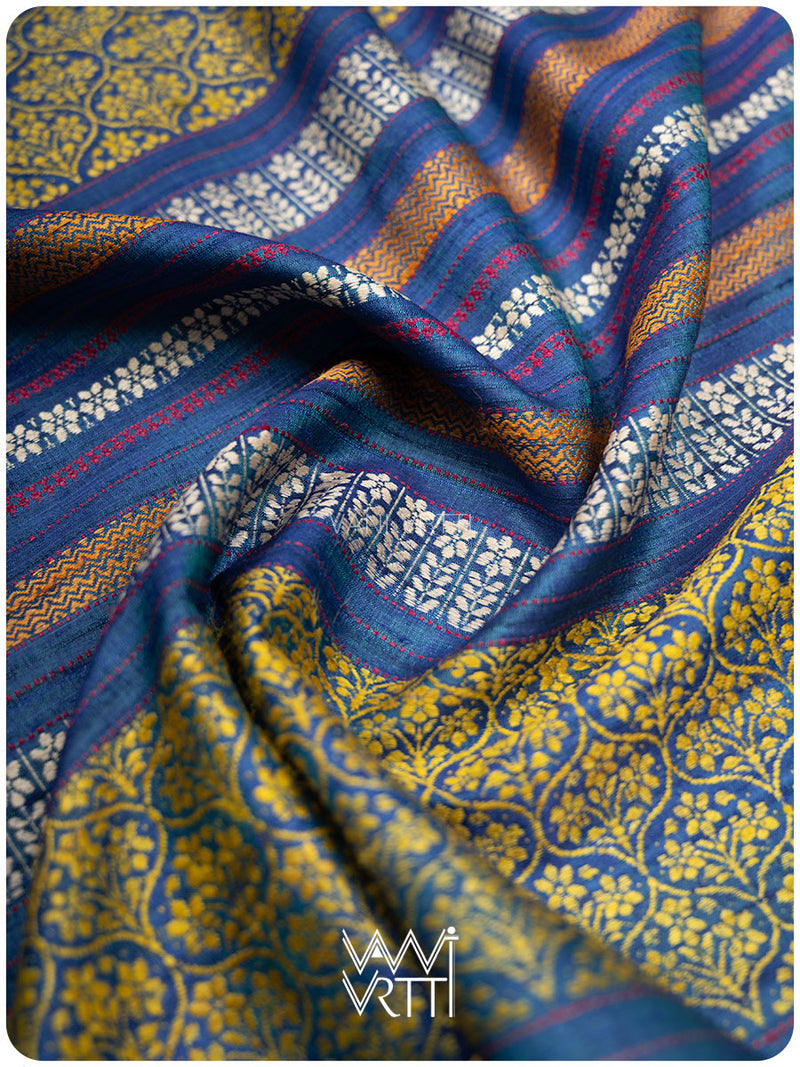 Avocado Green Slate Blue Parijat Handspun Tussar Silk Saree