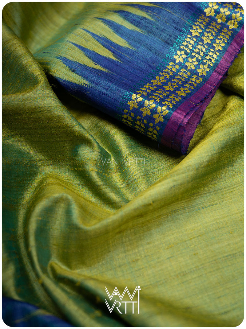 Avocado Green Slate Blue Parijat Handspun Tussar Silk Saree