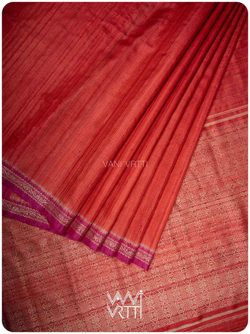 Tomato Red Magenta Madhumalati Handspun Tussar Silk Saree