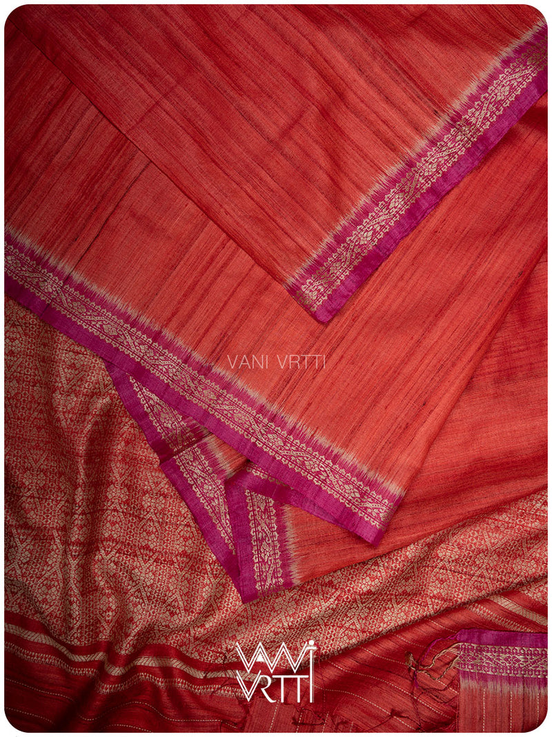 Tomato Red Magenta Madhumalati Handspun Tussar Silk Saree
