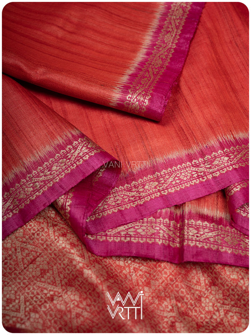 Tomato Red Magenta Madhumalati Handspun Tussar Silk Saree