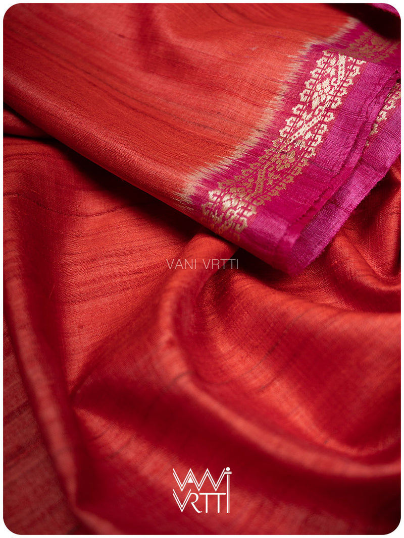 Tomato Red Magenta Madhumalati Handspun Tussar Silk Saree