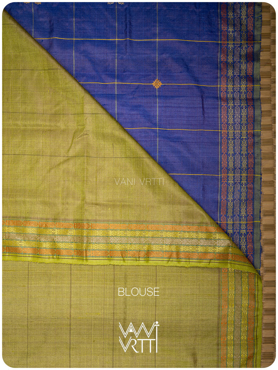 Royal Blue Matsya Kachhap Checks Handspun Tussar Silk Saree