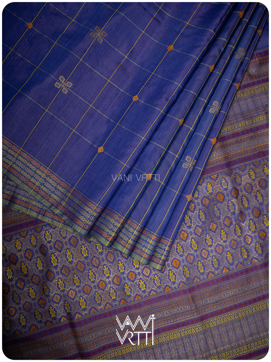 Royal Blue Matsya Kachhap Checks Handspun Tussar Silk Saree