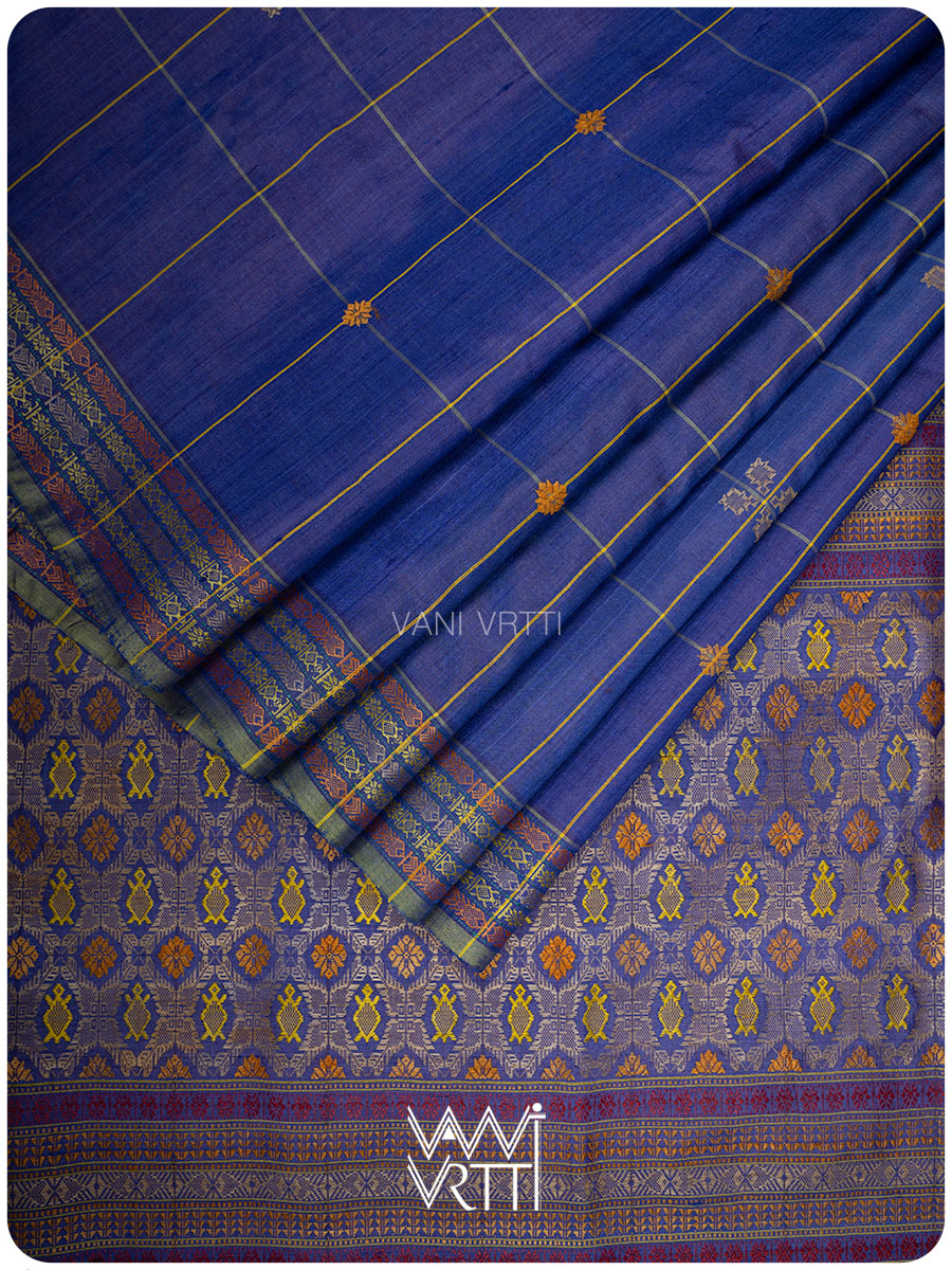 Royal Blue Matsya Kachhap Checks Handspun Tussar Silk Saree