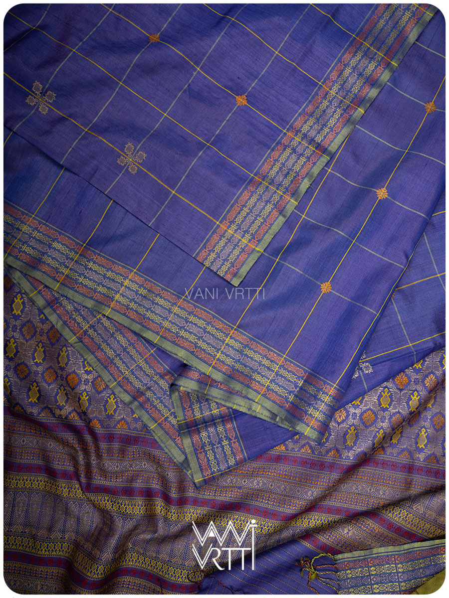 Royal Blue Matsya Kachhap Checks Handspun Tussar Silk Saree