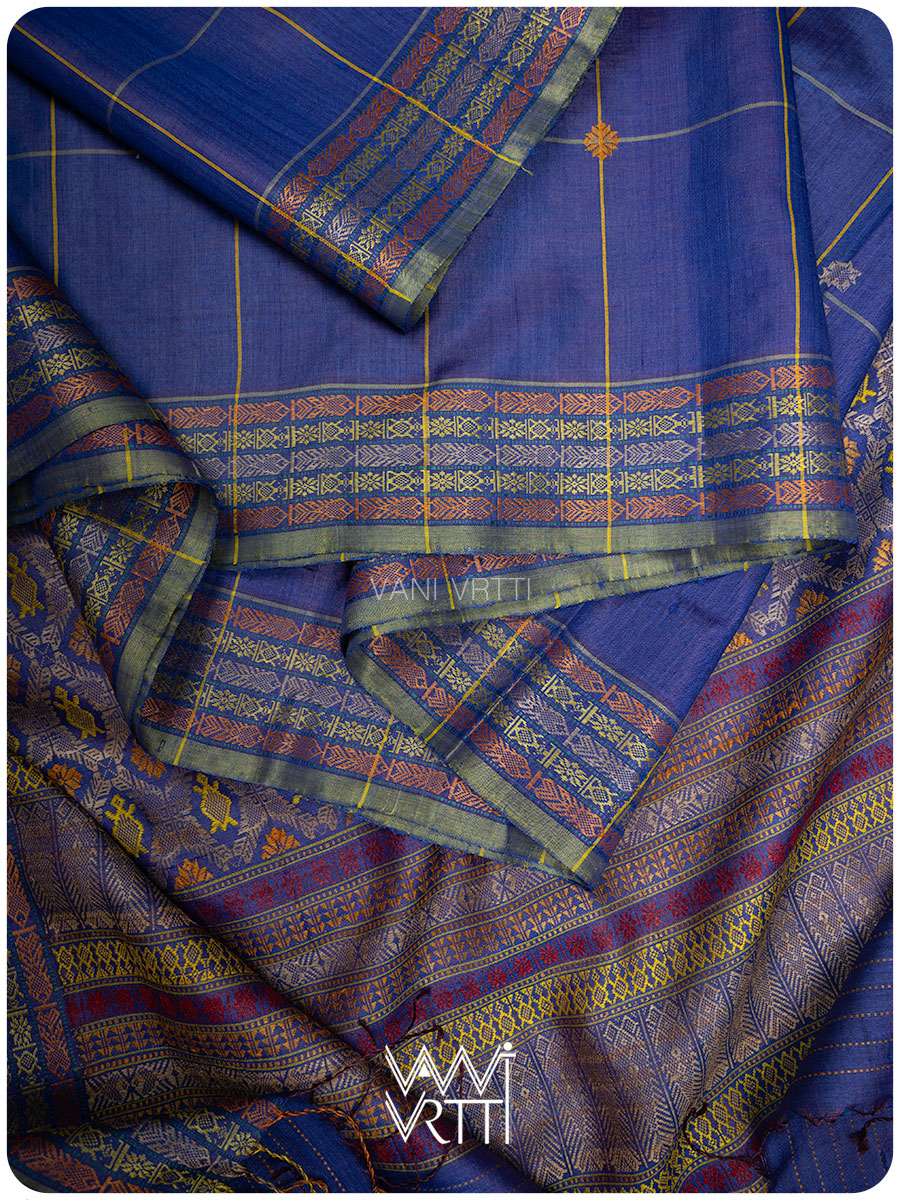 Royal Blue Matsya Kachhap Checks Handspun Tussar Silk Saree