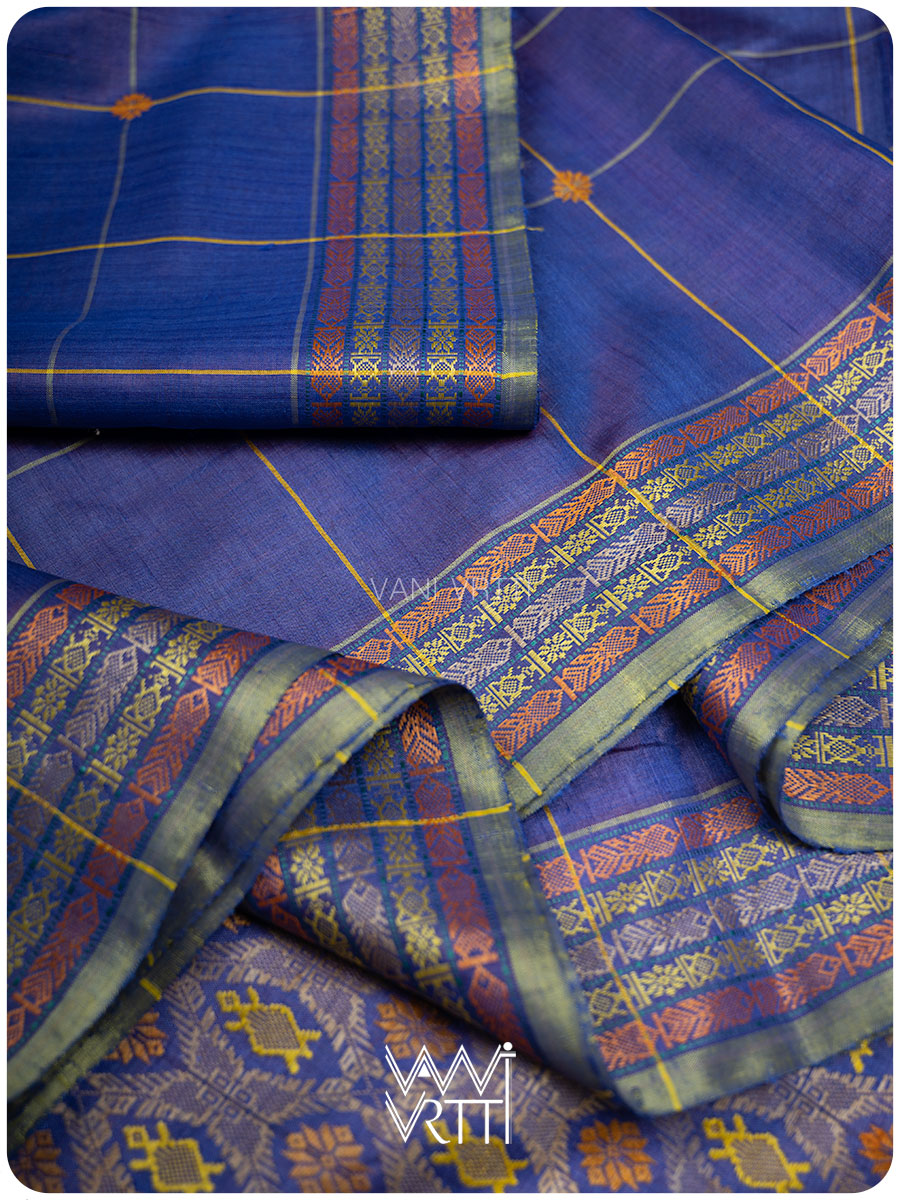 Royal Blue Matsya Kachhap Checks Handspun Tussar Silk Saree