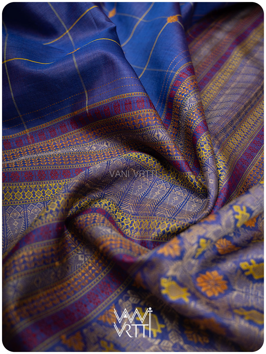 Royal Blue Matsya Kachhap Checks Handspun Tussar Silk Saree