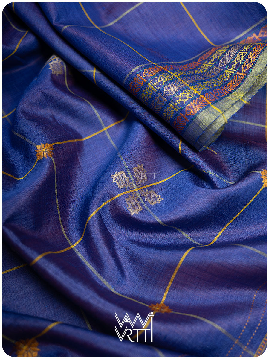 Royal Blue Matsya Kachhap Checks Handspun Tussar Silk Saree