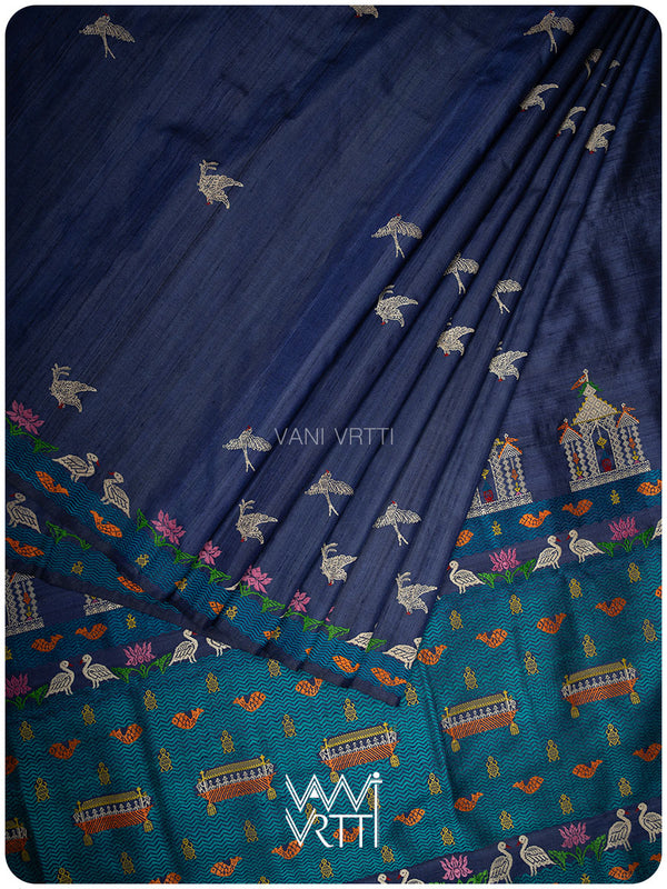 Midnight Blue Chilika Master Weave Exclusive Handspun Tussar Silk Saree