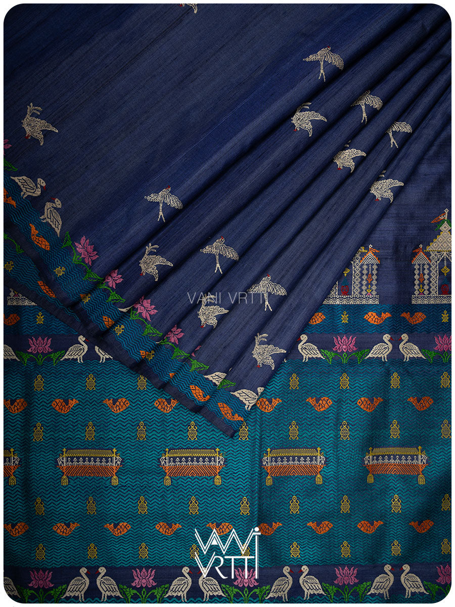 Midnight Blue Chilika Master Weave Exclusive Handspun Tussar Silk Saree