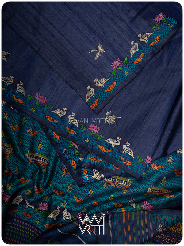 Midnight Blue Chilika Master Weave Exclusive Handspun Tussar Silk Saree