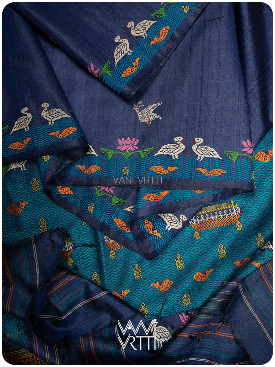 Midnight Blue Chilika Master Weave Exclusive Handspun Tussar Silk Saree