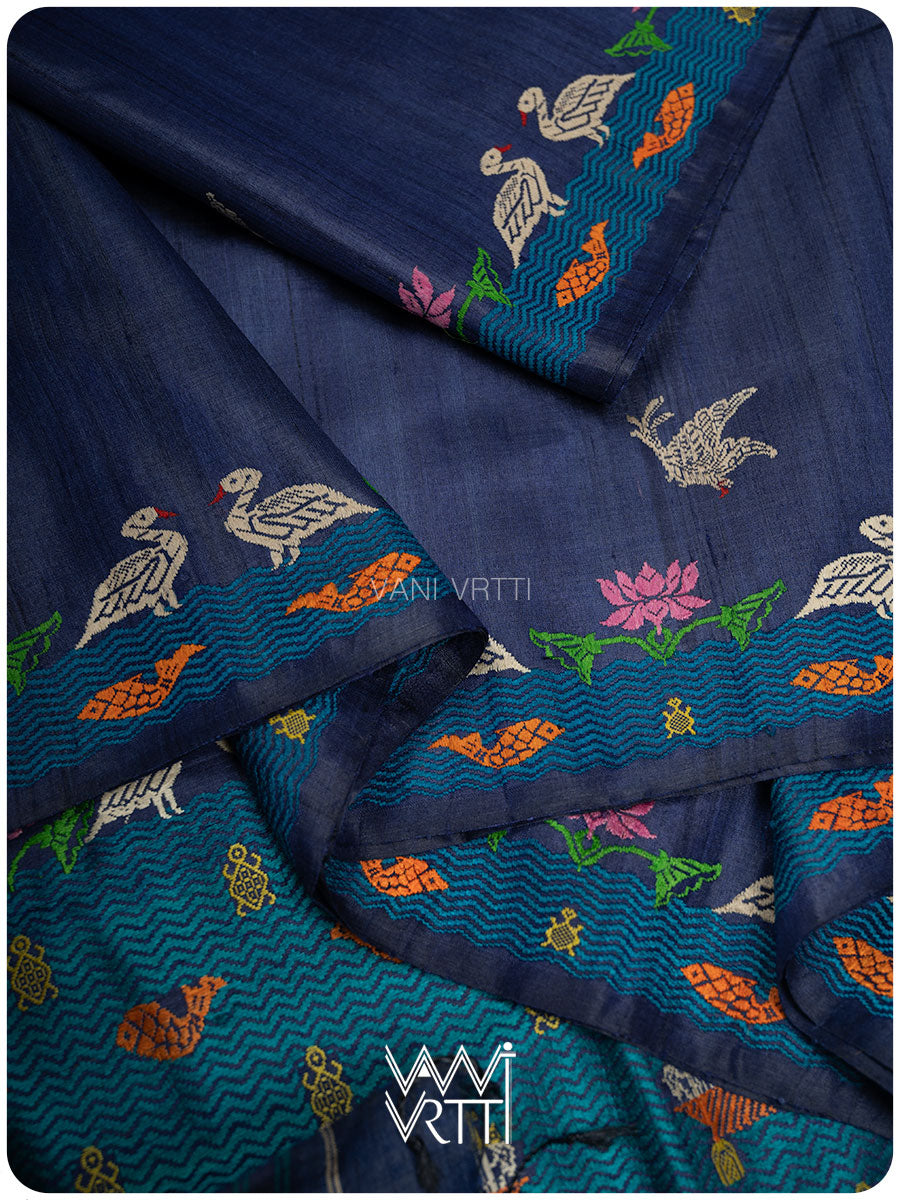 Midnight Blue Chilika Master Weave Exclusive Handspun Tussar Silk Saree