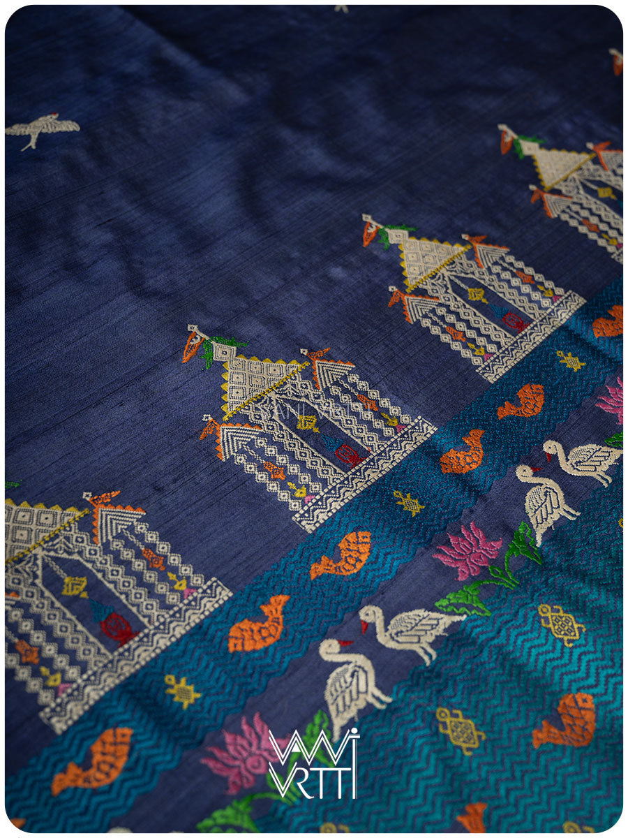 Midnight Blue Chilika Master Weave Exclusive Handspun Tussar Silk Saree