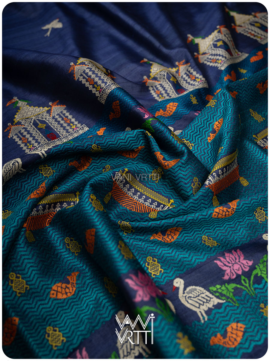 Midnight Blue Chilika Master Weave Exclusive Handspun Tussar Silk Saree