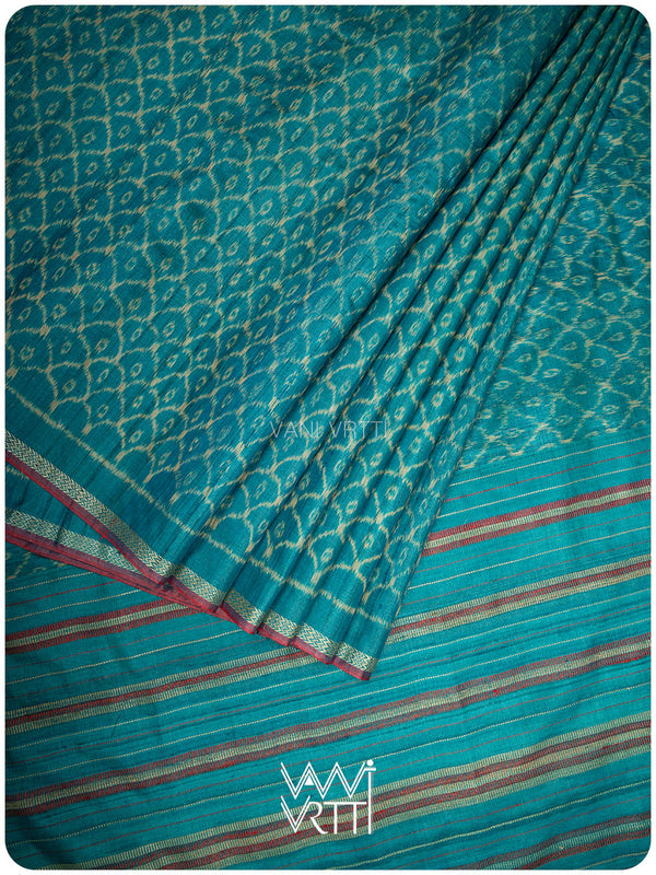 Firozi Sea Blue Samudra Lahar Ikat Handspun Tussar Silk Saree