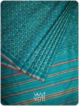 Firozi Sea Blue Samudra Lahar Ikat Handspun Tussar Silk Saree