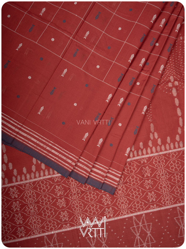 Manjistha Red Matsya Checks Natural Dyed Cotton Ikat Saree