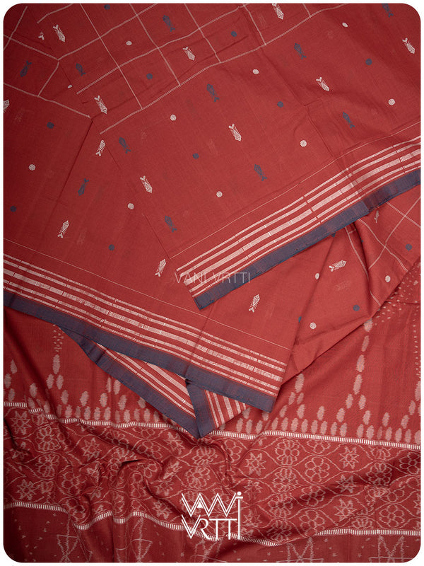 Manjistha Red Matsya Checks Natural Dyed Cotton Ikat Saree