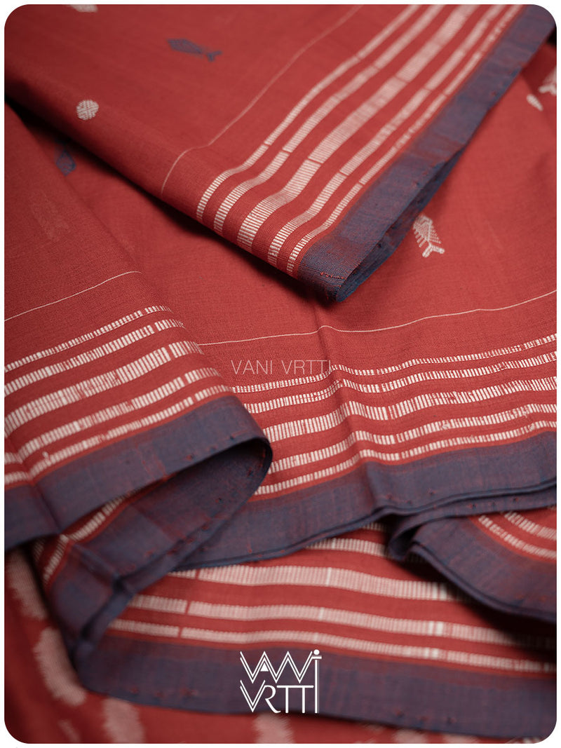 Manjistha Red Matsya Checks Natural Dyed Cotton Ikat Saree