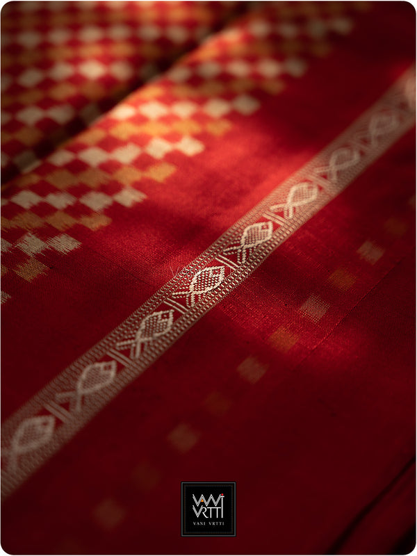 Red Saktapar Bandha Double Ikat Master Weave Sambalpuri Mulberry Silk Saree