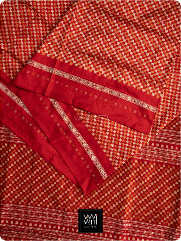 Red Saktapar Bandha Double Ikat Master Weave Sambalpuri Mulberry Silk Saree