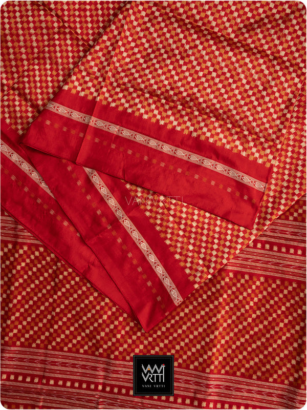Red Saktapar Bandha Double Ikat Master Weave Sambalpuri Mulberry Silk Saree