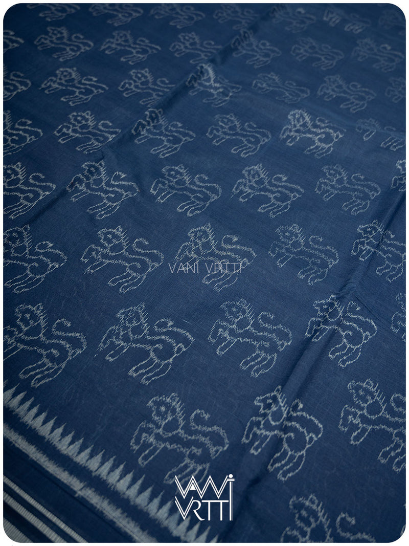 Indigo Blue Singha Lion Natural Dyed Cotton Ikat Saree