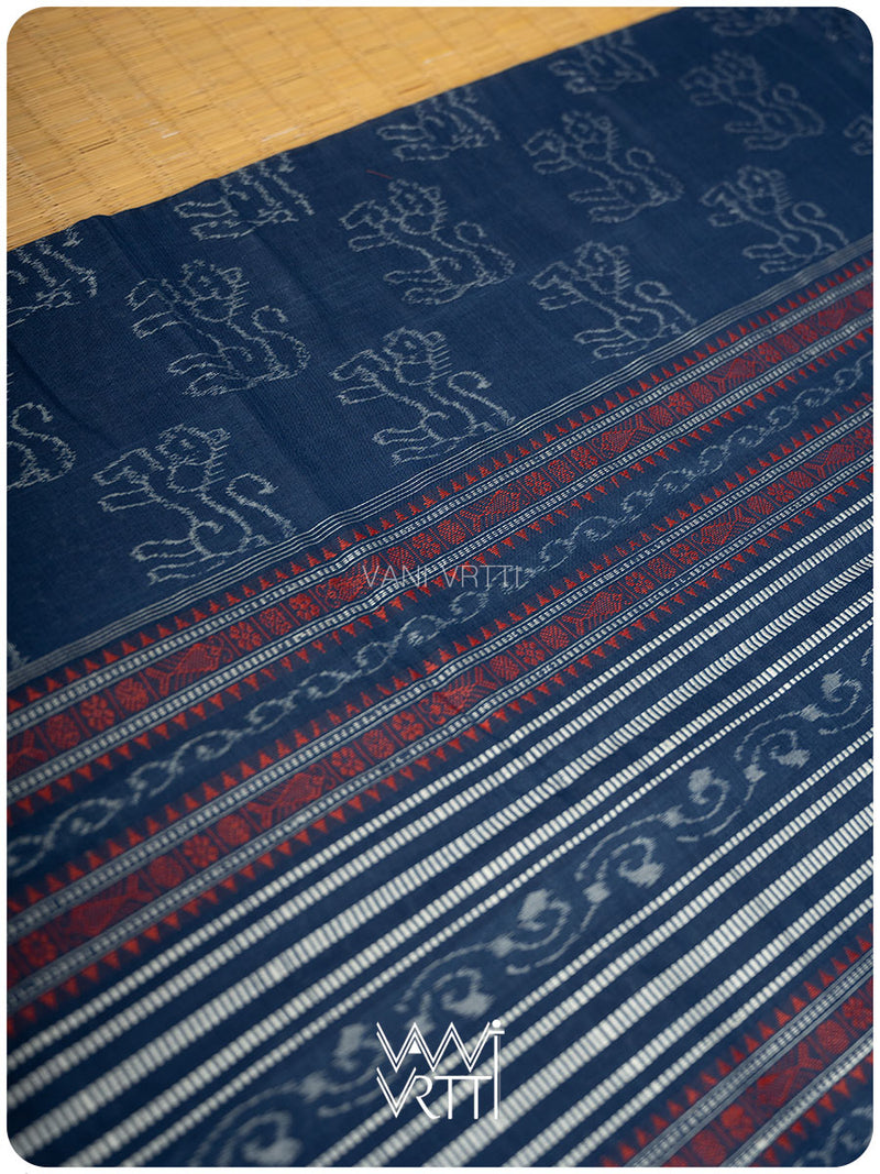 Indigo Blue Singha Lion Natural Dyed Cotton Ikat Saree