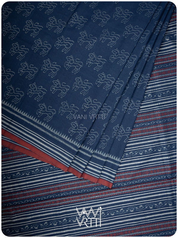 Indigo Blue Singha Lion Natural Dyed Cotton Ikat Saree