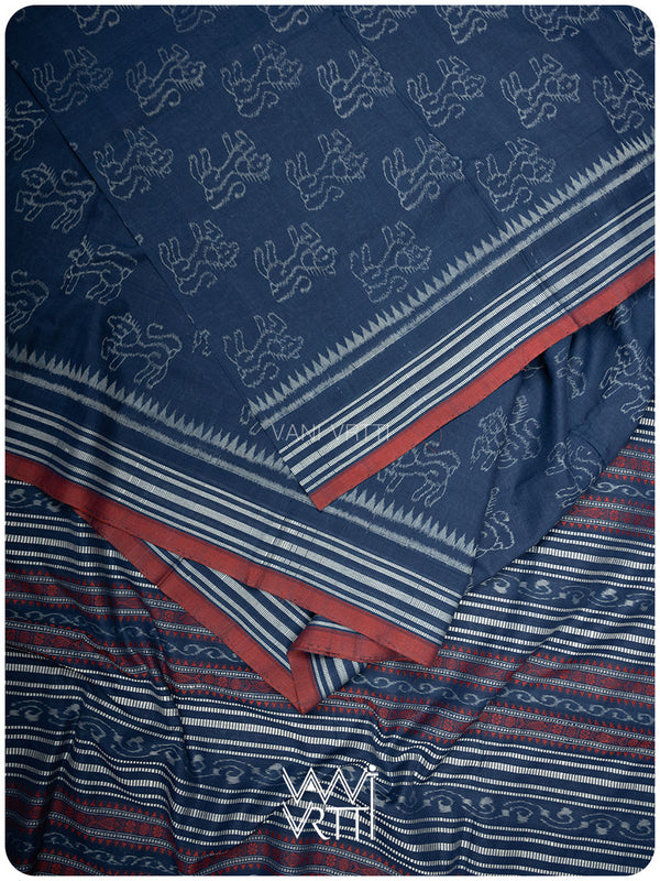Indigo Blue Singha Lion Natural Dyed Cotton Ikat Saree
