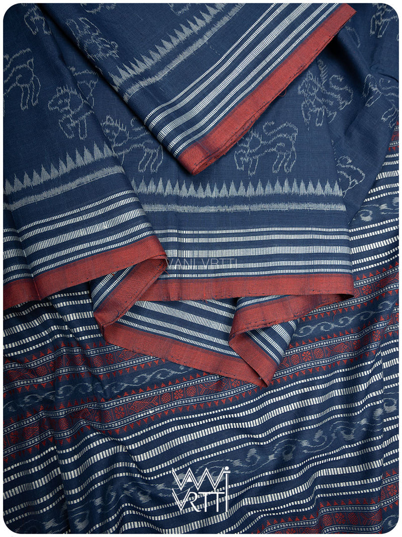 Indigo Blue Singha Lion Natural Dyed Cotton Ikat Saree