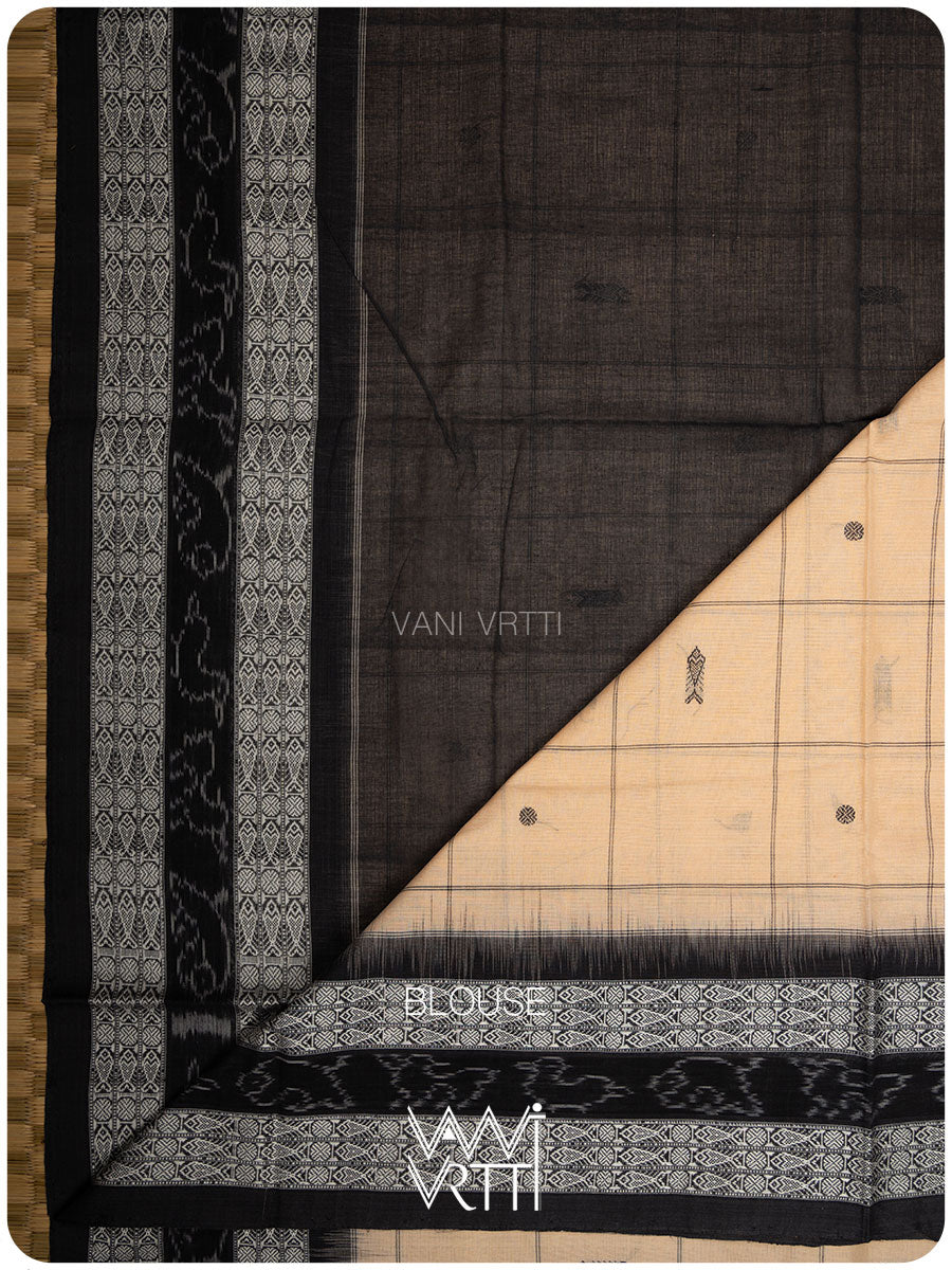 Light Beige Black Matsya Checks Natural Dyed Cotton Ikat Saree