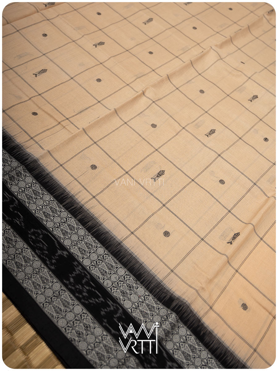 Light Beige Black Matsya Checks Natural Dyed Cotton Ikat Saree