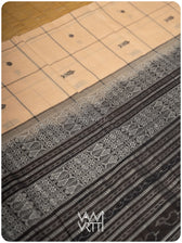 Light Beige Black Matsya Checks Natural Dyed Cotton Ikat Saree
