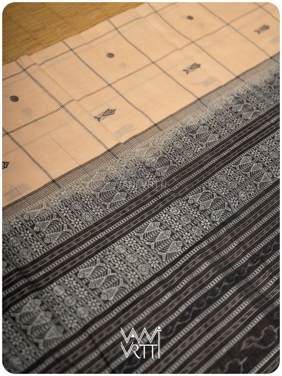 Light Beige Black Matsya Checks Natural Dyed Cotton Ikat Saree