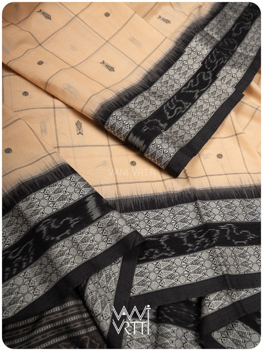 Light Beige Black Matsya Checks Natural Dyed Cotton Ikat Saree