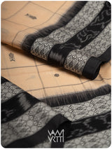 Light Beige Black Matsya Checks Natural Dyed Cotton Ikat Saree