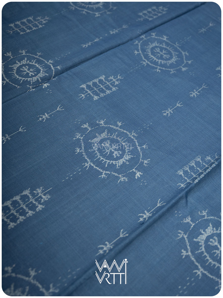 Light Indigo Gondhana Chakra Natural Dyed Cotton Ikat Saree