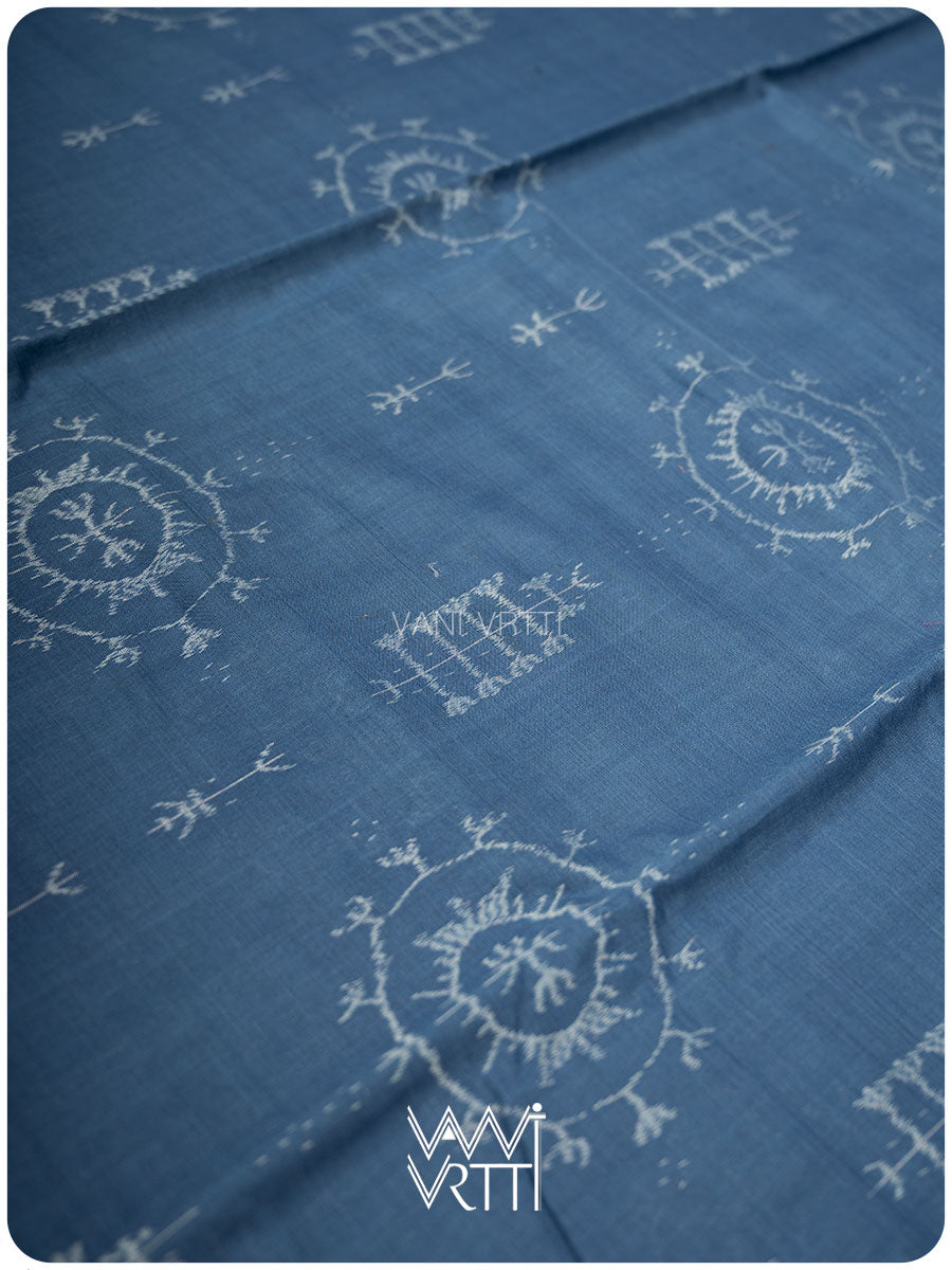 Light Indigo Gondhana Chakra Natural Dyed Cotton Ikat Saree