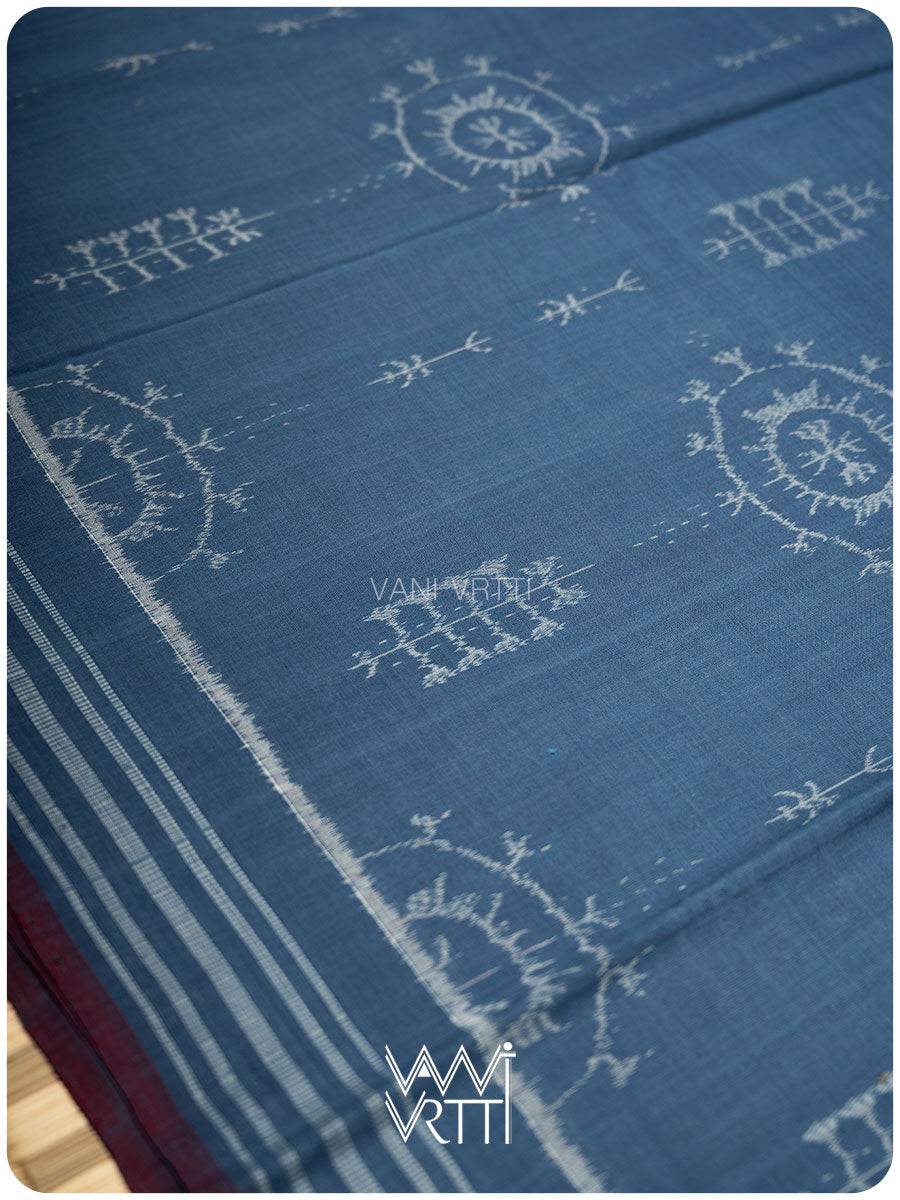 Light Indigo Gondhana Chakra Natural Dyed Cotton Ikat Saree