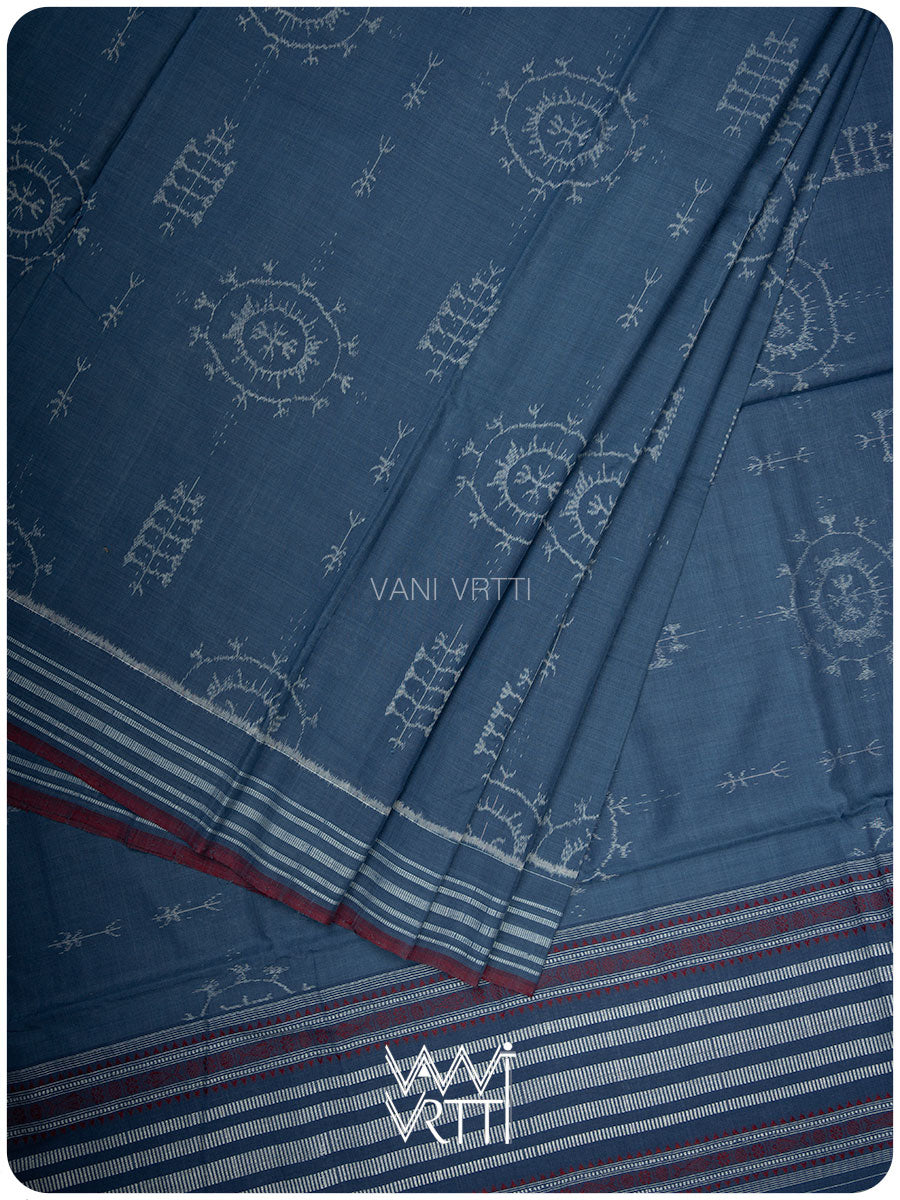 Light Indigo Gondhana Chakra Natural Dyed Cotton Ikat Saree