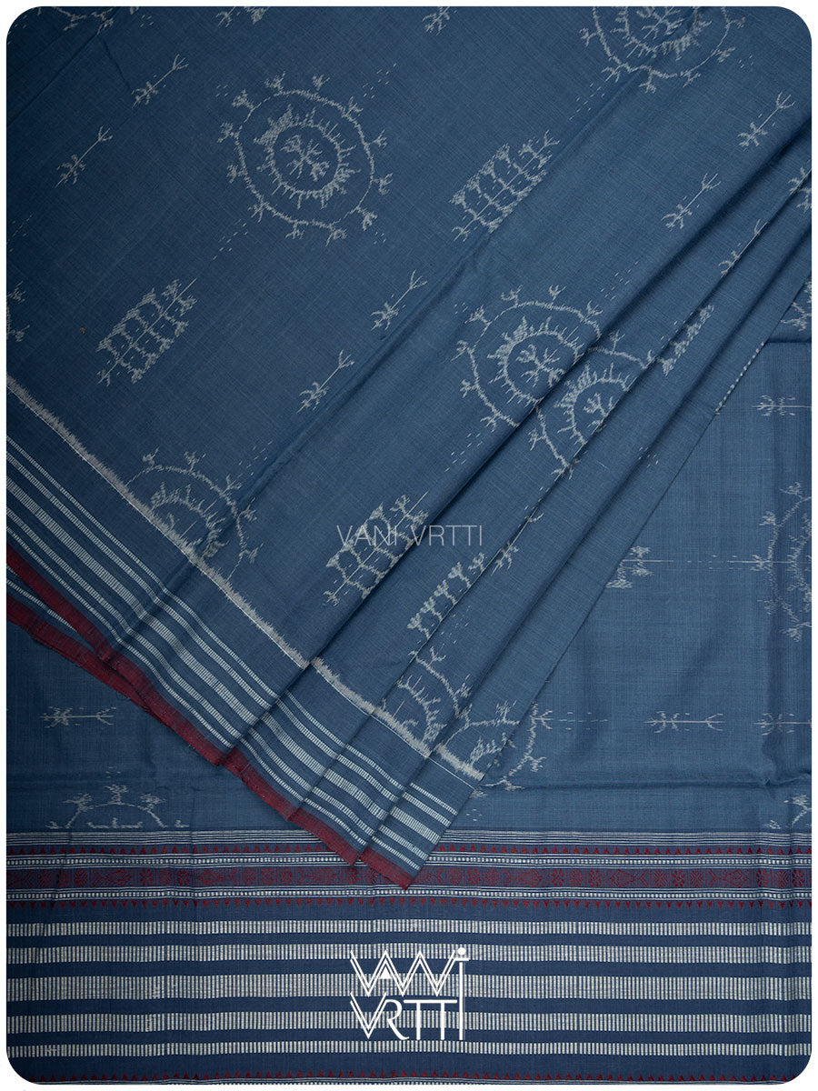 Light Indigo Gondhana Chakra Natural Dyed Cotton Ikat Saree