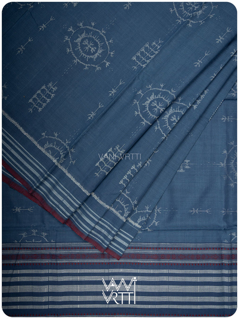 Light Indigo Gondhana Chakra Natural Dyed Cotton Ikat Saree