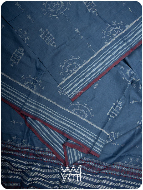Light Indigo Gondhana Chakra Natural Dyed Cotton Ikat Saree